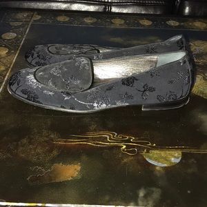 Joan & David black satin rose design flats.